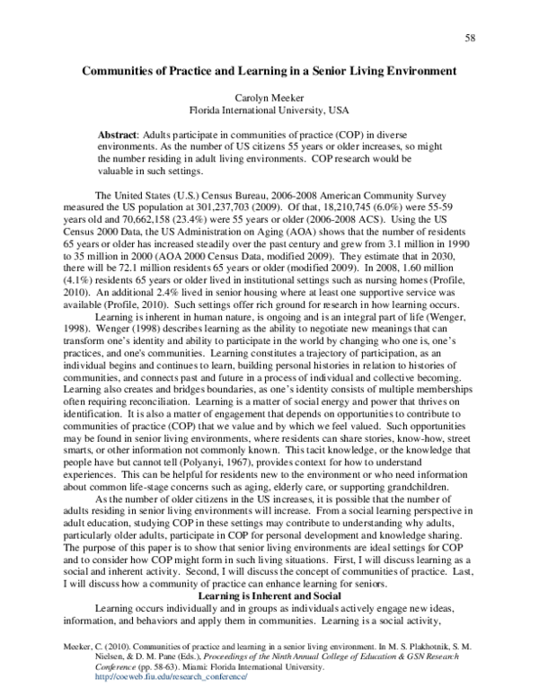 (PDF) Communities of Practice and Learning In a Senior Living Environment