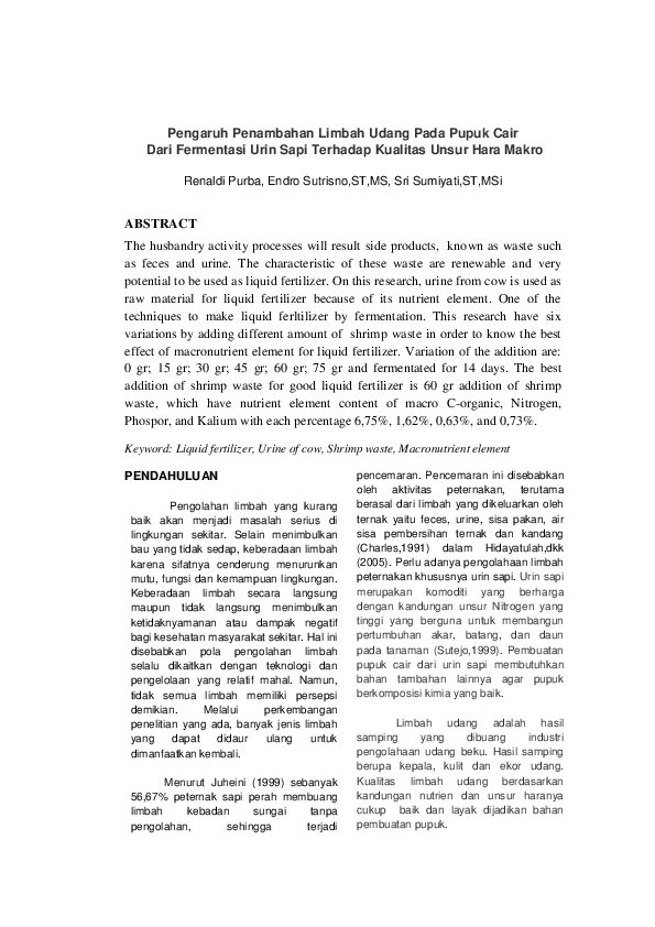 (PDF) Pengaruh Penambahan Limbah Udang Pada Pupuk Cair Dari Fermentasi ...