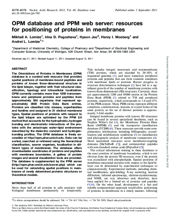 (PDF) OPM database and PPM web server: resources for positioning of ...