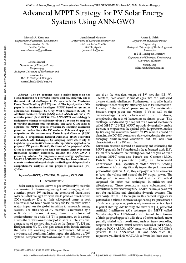 (PDF) Advanced MPPT Strategy for PV Solar Energy Systems Using ANN-GWO