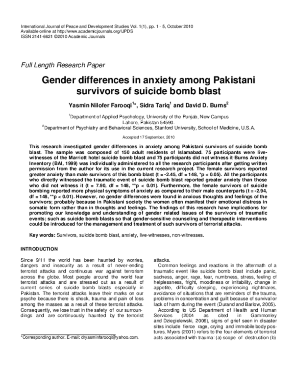 (PDF) Gender Differences in Anxiety Among Pakistani Survivors of a Bomb ...