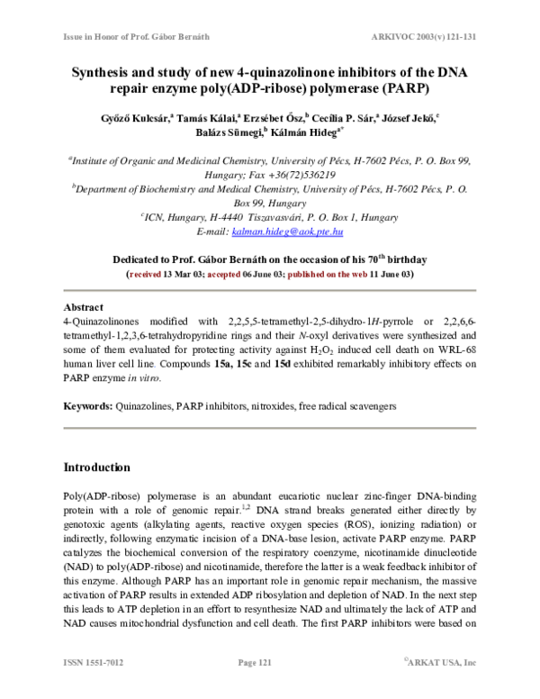 (PDF) Synthesis and study of new 4-quinazolinone inhibitors of the DNA ...