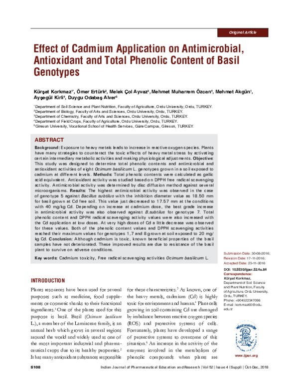 (PDF) Effect of Cadmium Application on Antimicrobial, Antioxidant and ...