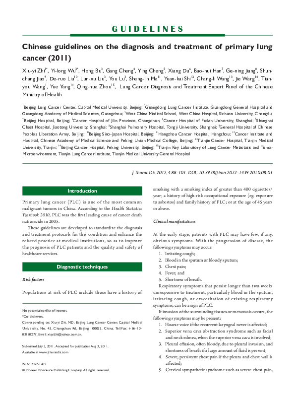 (PDF) Chinese guidelines on the diagnosis and treatment of primary lung ...