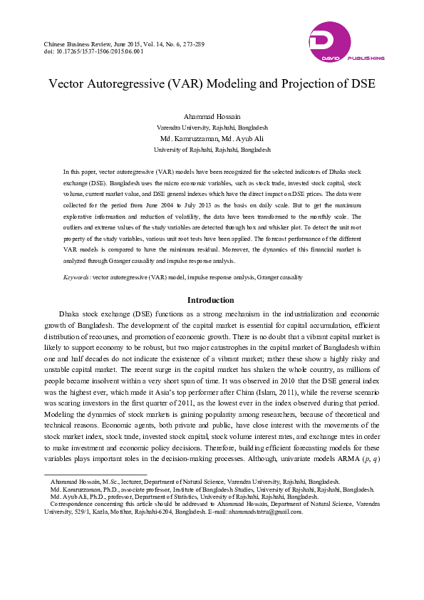 (PDF) Vector Autoregressive (VAR) Modeling and Projection of DSE
