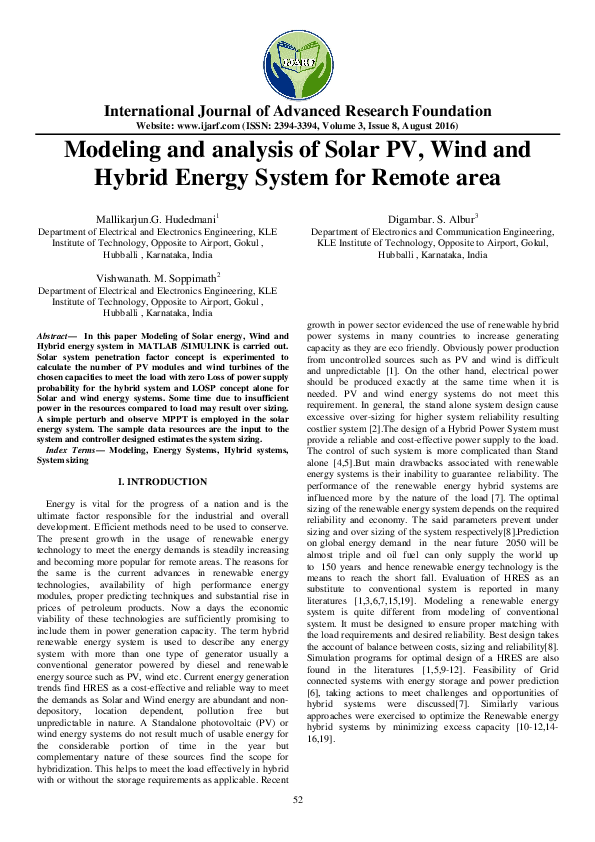 (PDF) Modeling and analysis of Solar PV, Wind and Hybrid Energy System ...