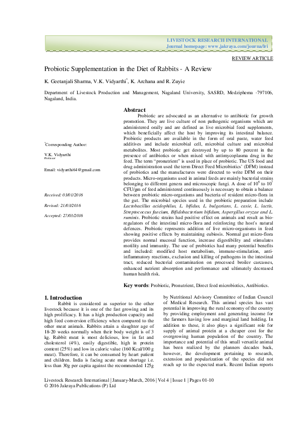 (PDF) Probiotic Supplementation in the Diet of Rabbits-A Review