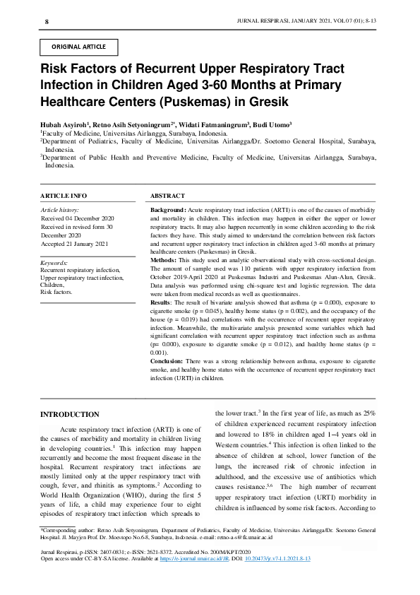 (PDF) Risk Factors of Recurrent Upper Respiratory Tract Infection in ...