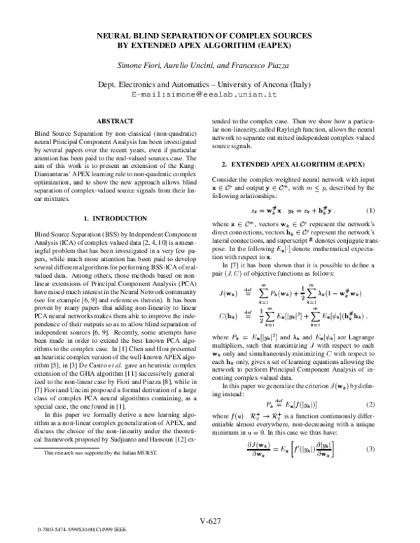 (PDF) Neural blind separation of complex sources by extended Hebbian ...