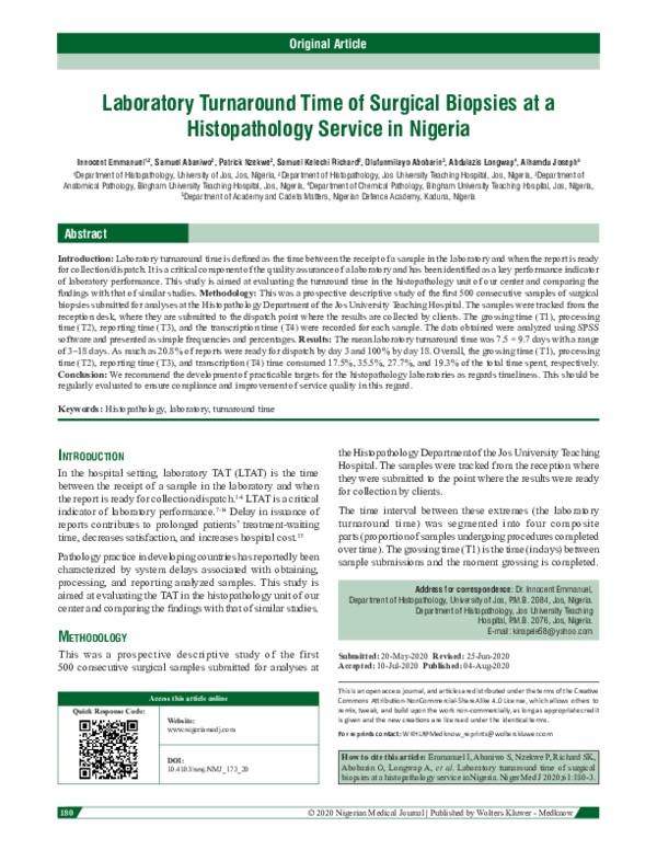 Laboratory turnaround time of surgical biopsies at a histopathology service in Nigeria