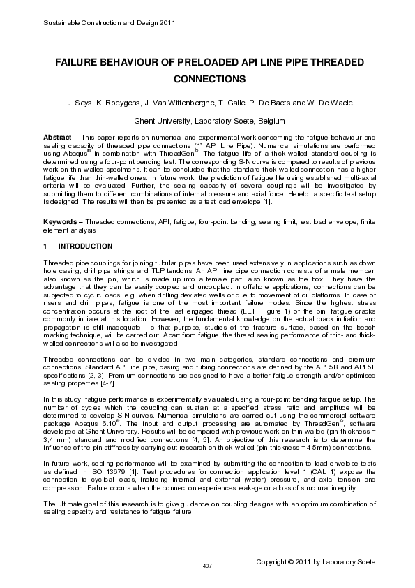 (PDF) Failure behaviour of preloaded API line pipe threaded connections