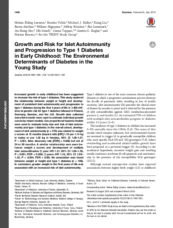 (PDF) Growth and risk for islet autoimmunity and progression to type 1 ...