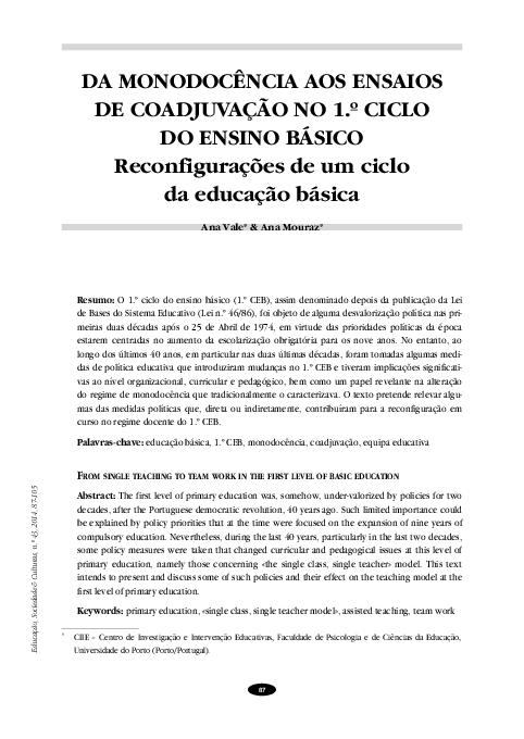 (PDF) Da monodocência aos ensaios de coadjuvação no 1º ciclo do ensino ...