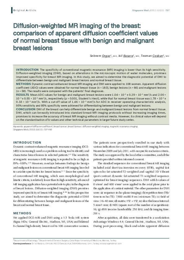 (PDF) Diffusion-weighted MR imaging of the breast: comparison of ...