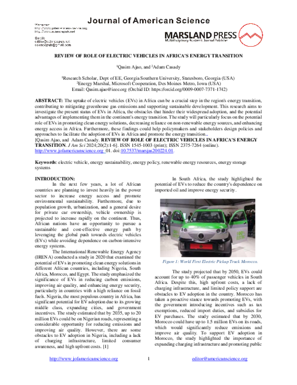 (PDF) REVIEW OF ROLE OF ELECTRIC VEHICLES IN AFRICA'S ENERGY TRANSITION