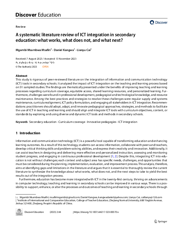 (PDF) A systematic literature review of ICT integration in secondary ...