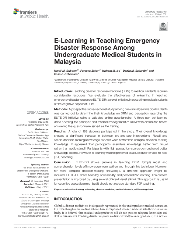 (PDF) E-Learning in Teaching Emergency Disaster Response Among ...