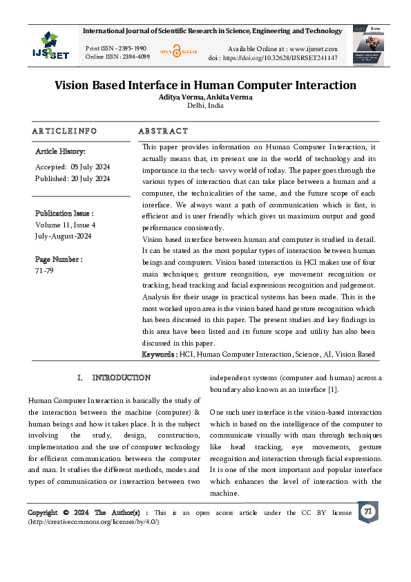 (PDF) Vision Based Interface in Human Computer Interaction