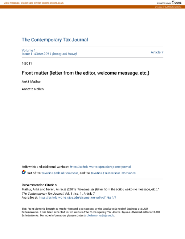 (PDF) Front matter (letter from the editor, welcome message, etc.)