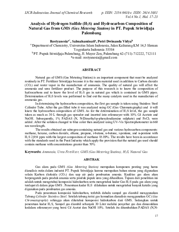 (PDF) Analysis of Hydrogen Sulfide (H2S) and Hydrocarbon Composition of ...