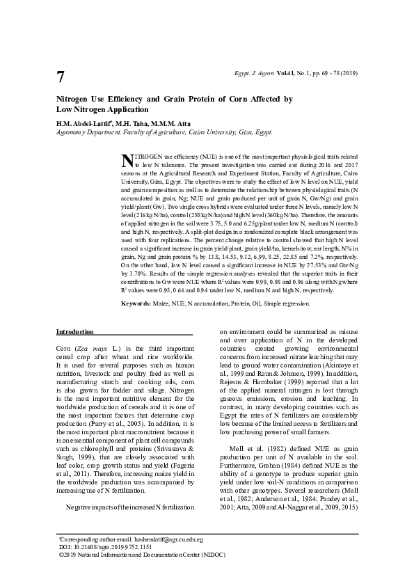 (PDF) Nitrogen Use Efficiency and Grain Protein of Corn as Affected by ...