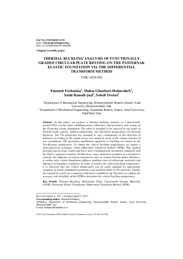 (PDF) Thermal buckling analysis of functionally graded circular plate ...