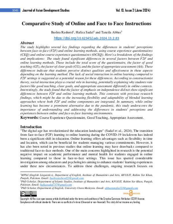 (PDF) Comparative Study of Online and Face to Face Instructions