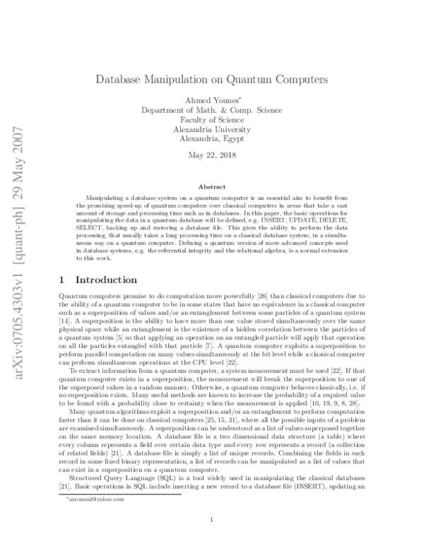 (PDF) Database Manipulation on Quantum Computers