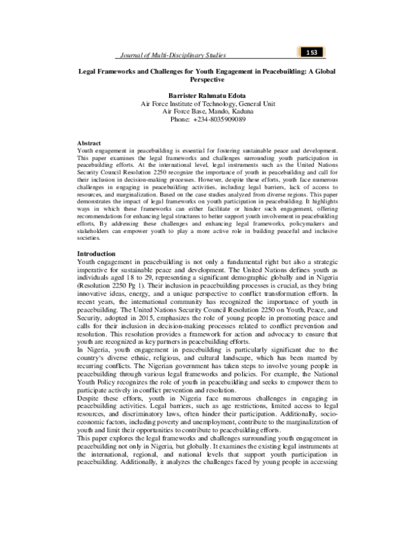 (PDF) Legal Frameworks and Challenges for Youth Engagement in Peace ...