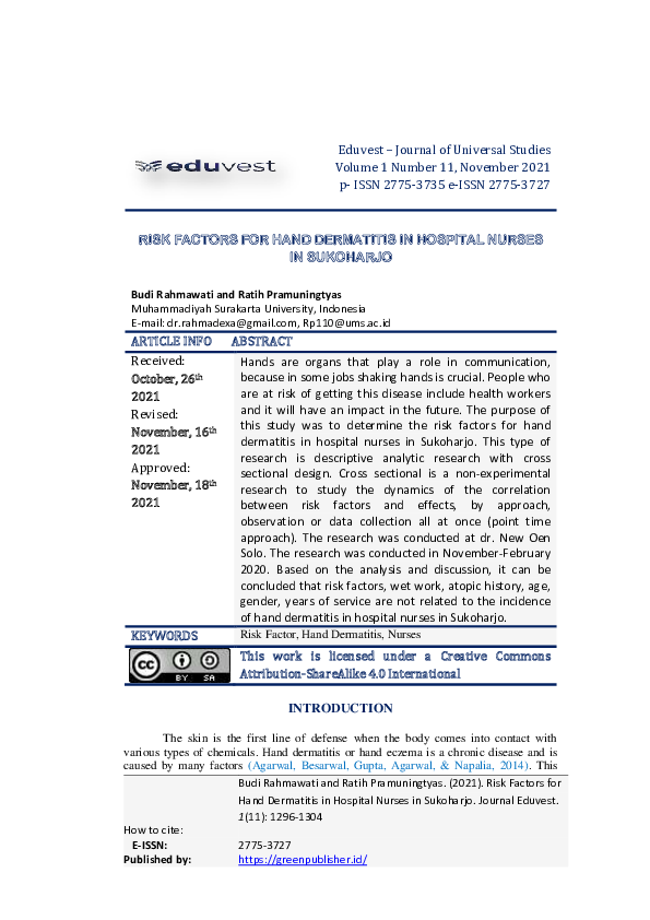 (PDF) Risk Factors For Hand Dermatitis In Hospital Nurses In Sukoharjo