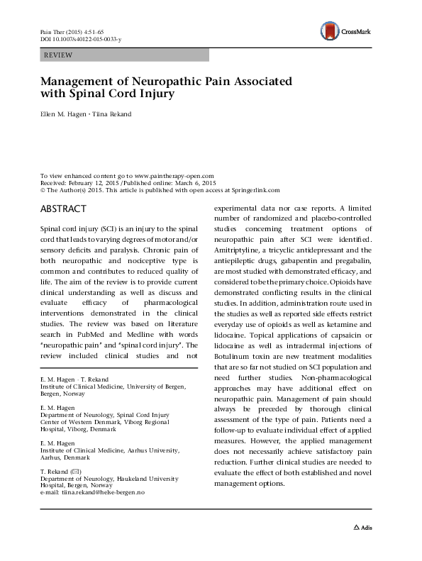 (PDF) Management of Neuropathic Pain Associated with Spinal Cord Injury
