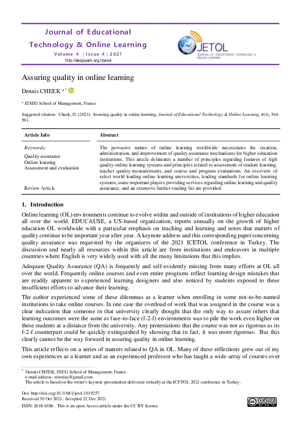 (PDF) Assuring quality in online learning
