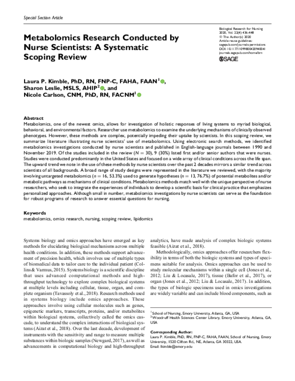 (PDF) Metabolomics Research Conducted by Nurse Scientists: A Systematic ...