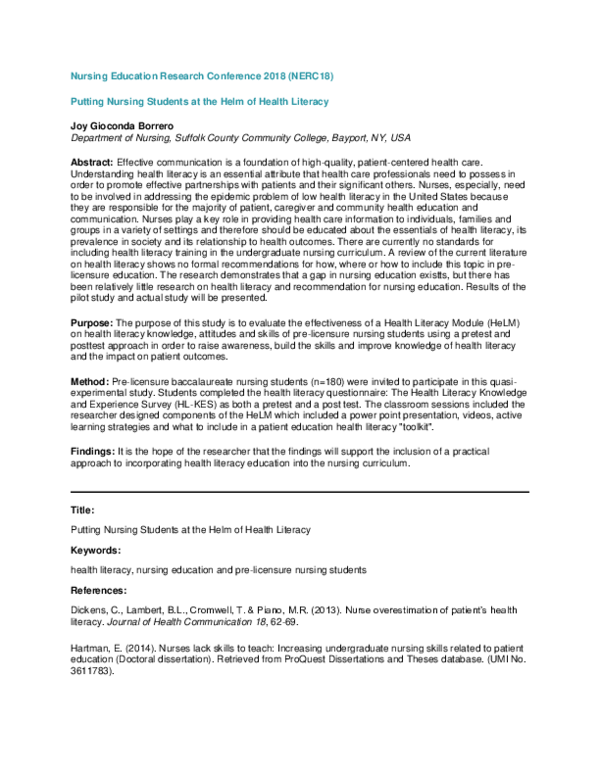 (PDF) Putting Nursing Students at the Helm of Health Literacy