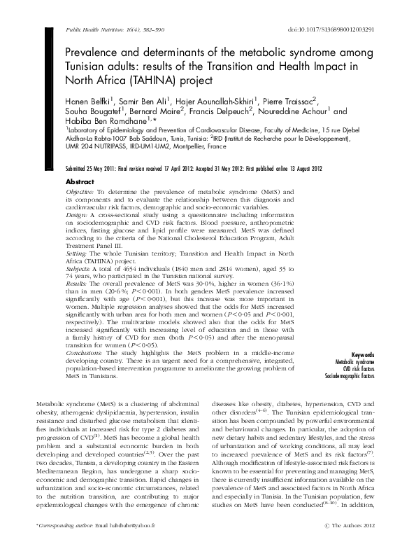 (PDF) Prevalence and determinants of the metabolic syndrome among ...
