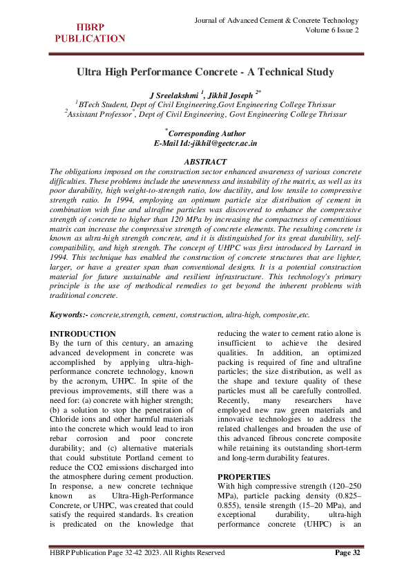(PDF) Ultra High Performance Concrete - A Technical Study
