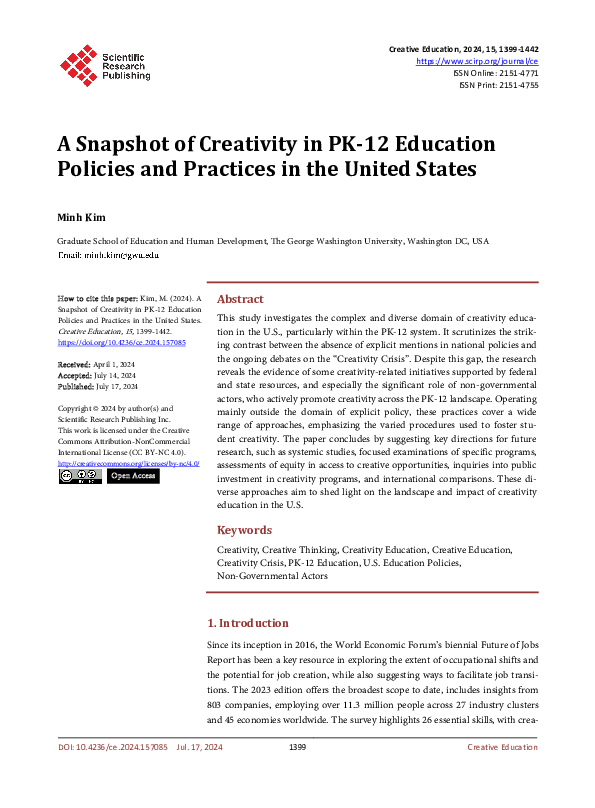 (PDF) A Snapshot of Creativity in PK-12 Education Policies and ...