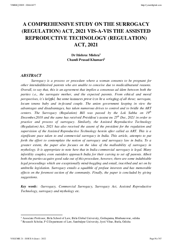 (PDF) A COMPREHENSIVE STUDY ON THE SURROGACY (REGULATION) ACT, 2021 VIS ...