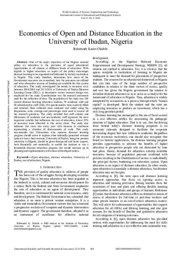 (PDF) Economics of Open and Distance Education in the University of ...