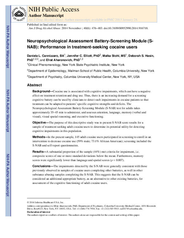 (PDF) Neuropsychological Assessment Battery-Screening Module (S-NAB ...