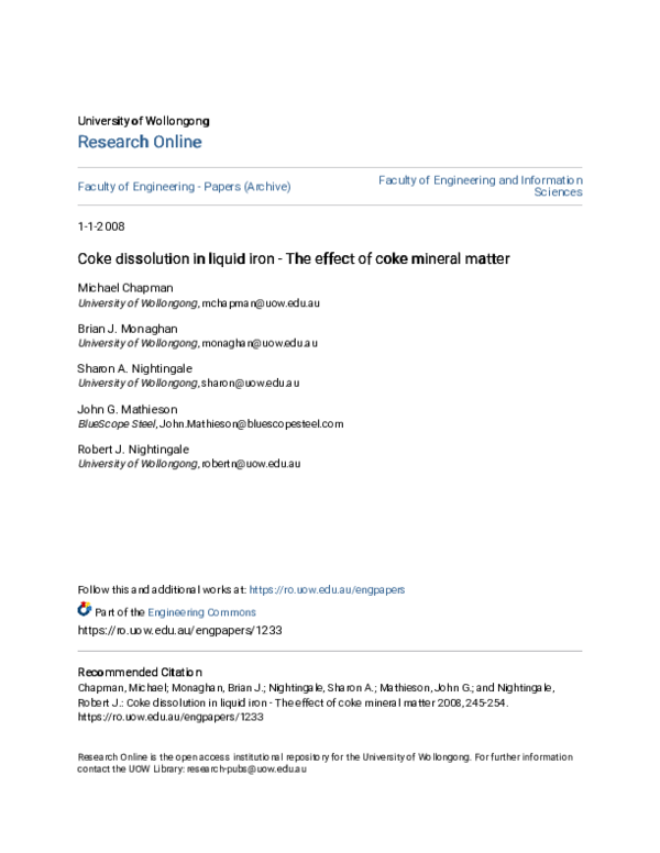 (PDF) Coke dissolution in liquid iron - The effect of coke mineral matter