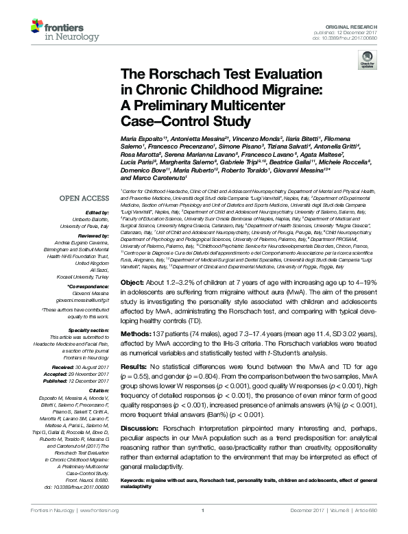 (PDF) The Rorschach Test Evaluation in Chronic Childhood Migraine: A ...