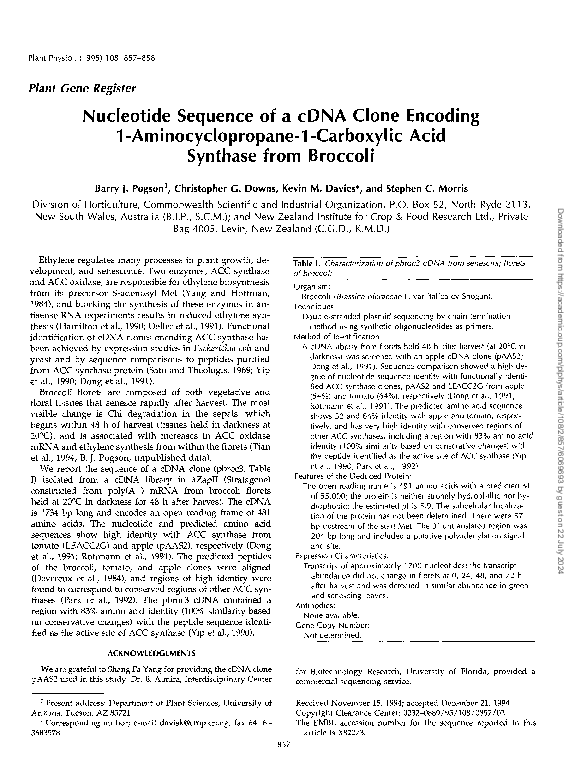 (PDF) Nucleotide Sequence of a cDNA Clone Encoding 1-Aminocyclopropane ...
