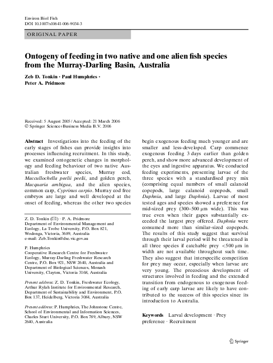 (PDF) Ontogeny of feeding in two native and one alien fish species from ...