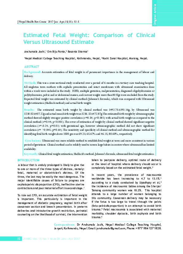 (PDF) Estimated Fetal Weight: Comparison of Clinical Versus Ultrasound ...