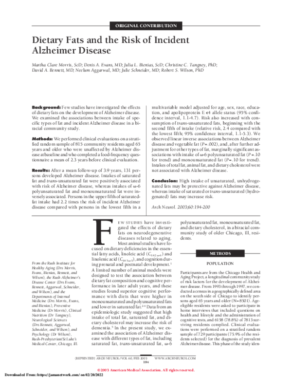 (PDF) Dietary Fats and the Risk of Incident Alzheimer Disease