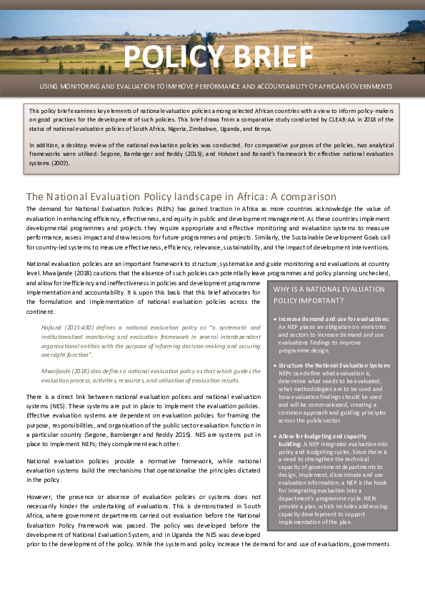 (PDF) The National Evaluation Policy Landscape in Africa: A Comparison