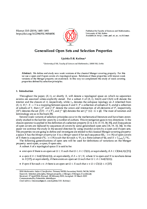 (PDF) Generalized open sets and selection properties