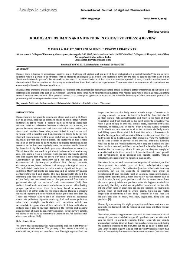(PDF) Role of Antioxidants and Nutrition in Oxidative Stress: A Review