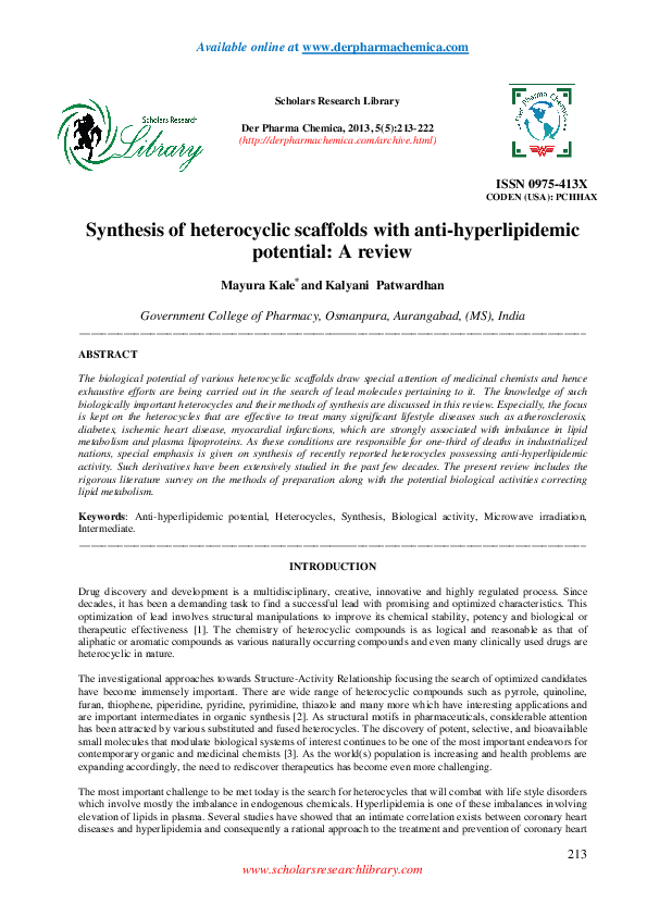 (PDF) Synthesis of heterocyclic scaffolds with anti-hyperlipidemic ...